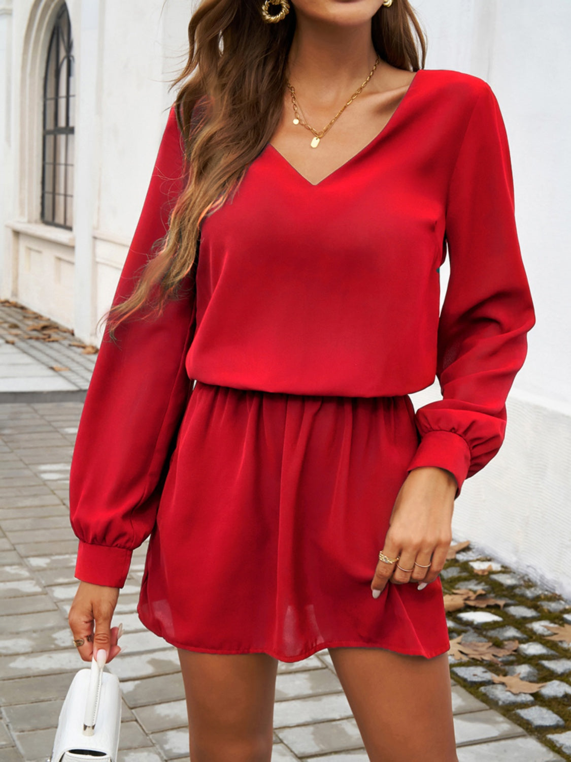 Cutout V-Neck Long Sleeve Mini Dress