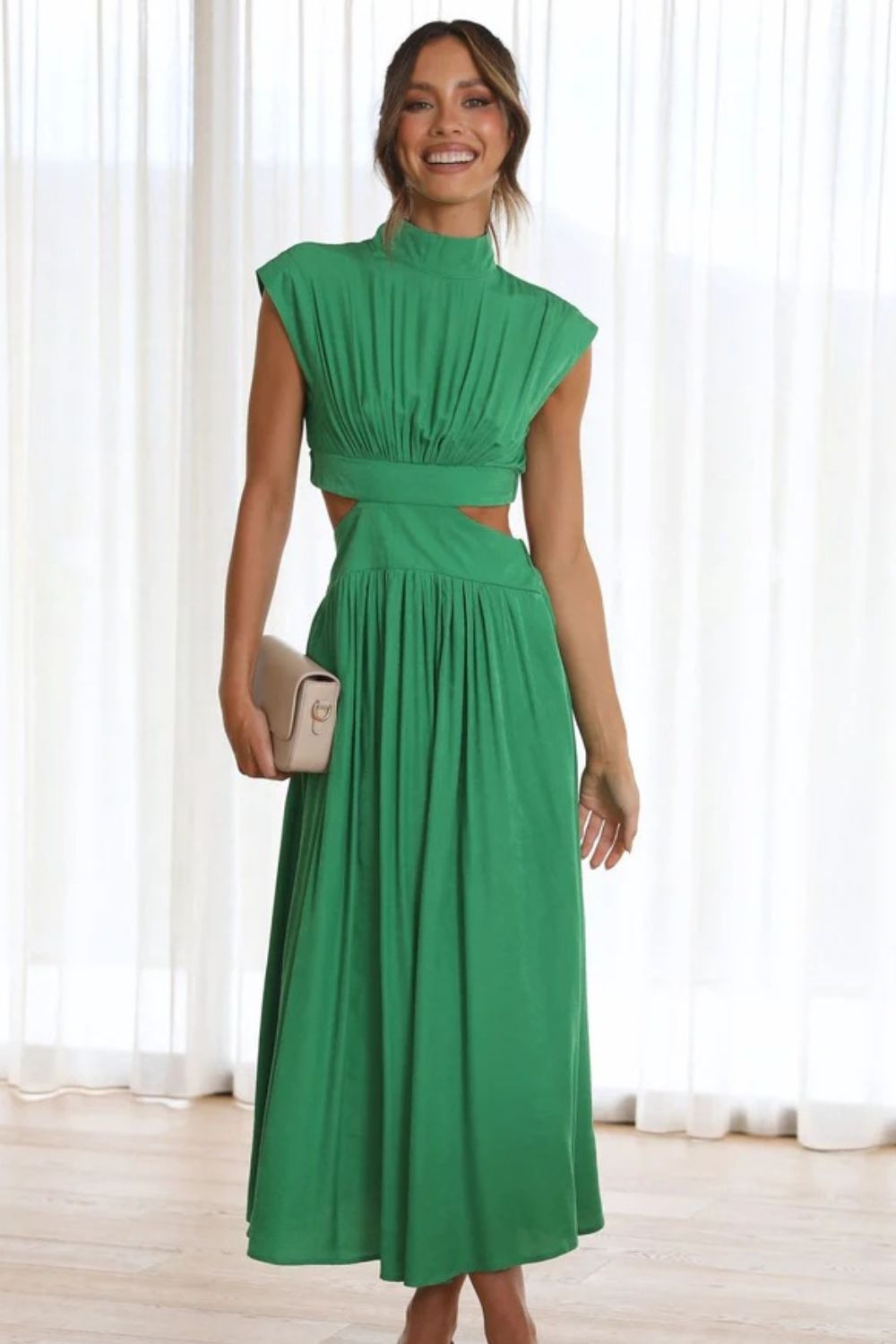 Cutout Mock Neck Sleeveless Ruched Dress